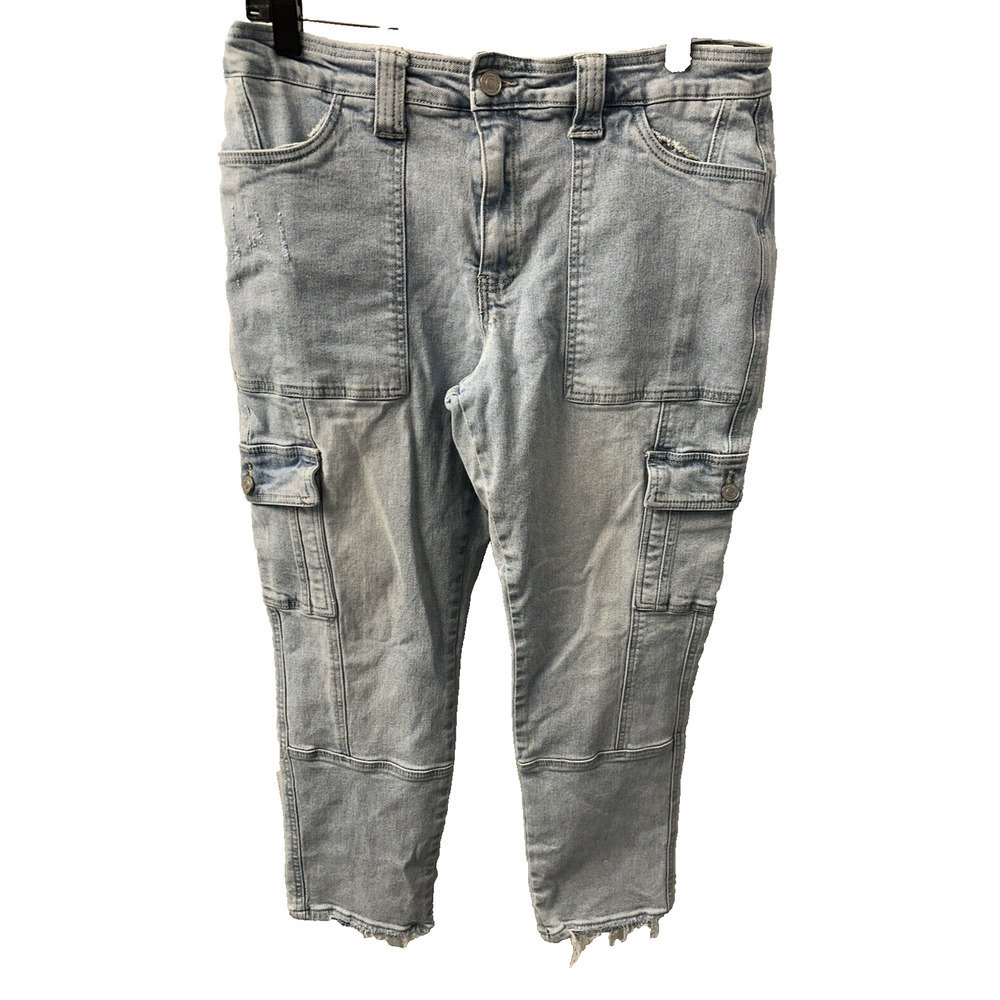 Womens Kancan Baggy Light Blue Denim Cargo Pocket Jeans, Patch Pants, Size 29